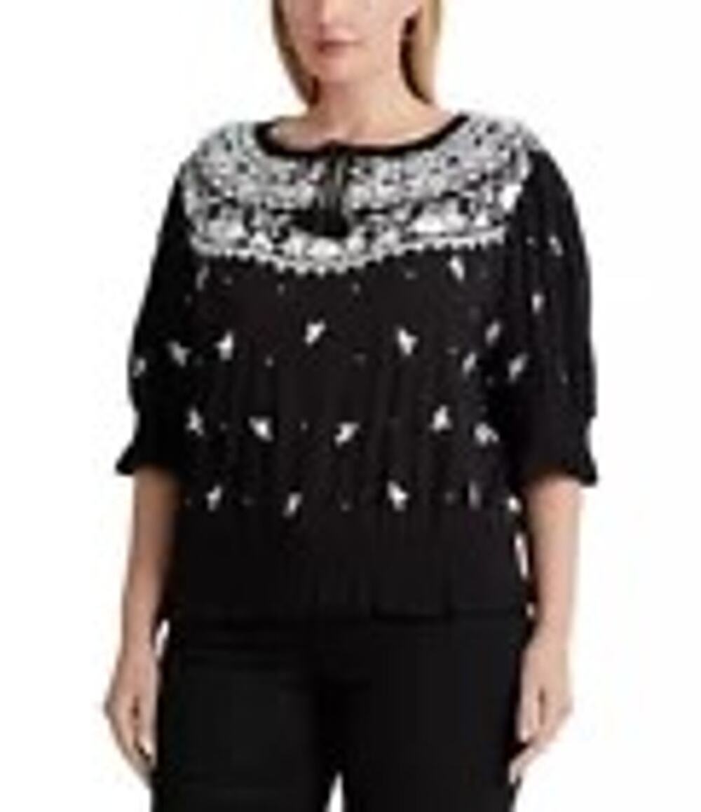 Lauren Ralph Lauren Black White Floral Embroidered Smocked Peasant Top Size 2X